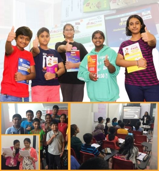 Enthusiastic students engaged in learning at Sigaram - Wordsmith Learning Hub, showcasing their comprehensive Tamil tuition materials.
